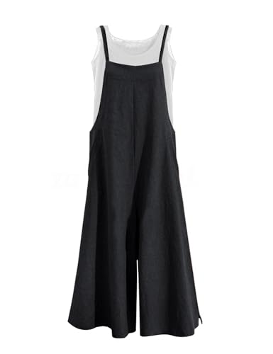 YESNO Women Casual Loose Long Bib Pants Wide Leg Jumpsuits Baggy Cotton Rompers Overalls with Pockets PZZTYP2