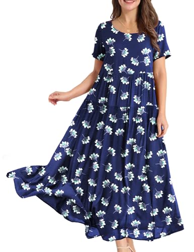 YESNO Women Casual Loose Bohemian Floral Dress with Pockets Short Sleeve Long Maxi Summer Beach Swing Dress EJF