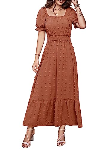 PRETTYGARDEN Womens Boho 2024 Puff Short Sleeve Square Neck Swiss Dot Maxi Dress Smocked Waist Ruffle Hem Tiered Long Dresses