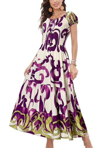 OSTOO Women's 2024 Summer Short Sleeves Boho Floral Print Tiered Casual Flowy Long Maxi Dress