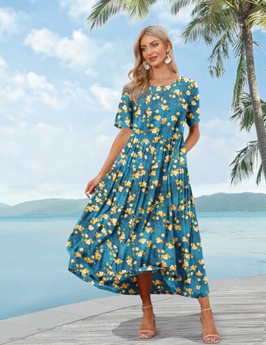 YESNO Women Casual Loose Bohemian Floral Dress with Pockets Short Sleeve Long Maxi Summer Beach Swing Dress EJF