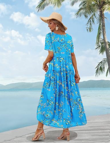 YESNO Women Casual Loose Bohemian Floral Dress with Pockets Short Sleeve Long Maxi Summer Beach Swing Dress EJF