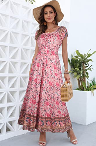 OSTOO Women's 2024 Summer Short Sleeves Boho Floral Print Tiered Casual Flowy Long Maxi Dress