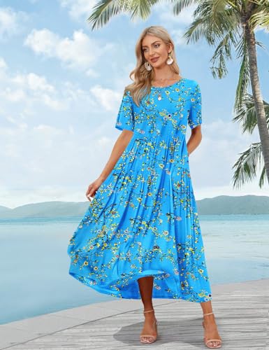 YESNO Women Casual Loose Bohemian Floral Dress with Pockets Short Sleeve Long Maxi Summer Beach Swing Dress EJF