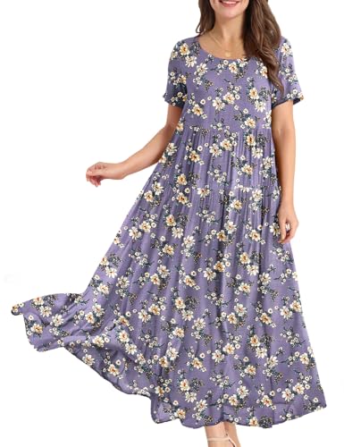 YESNO Women Casual Loose Bohemian Floral Dress with Pockets Short Sleeve Long Maxi Summer Beach Swing Dress EJF