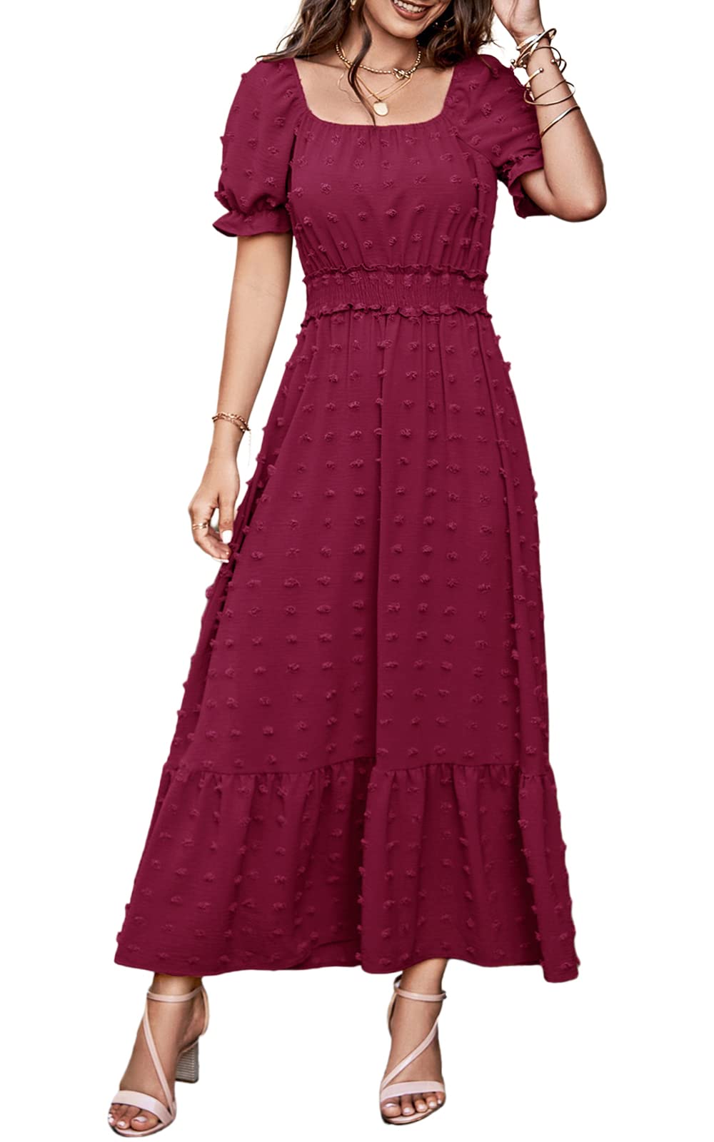 PRETTYGARDEN Womens Boho 2024 Puff Short Sleeve Square Neck Swiss Dot Maxi Dress Smocked Waist Ruffle Hem Tiered Long Dresses