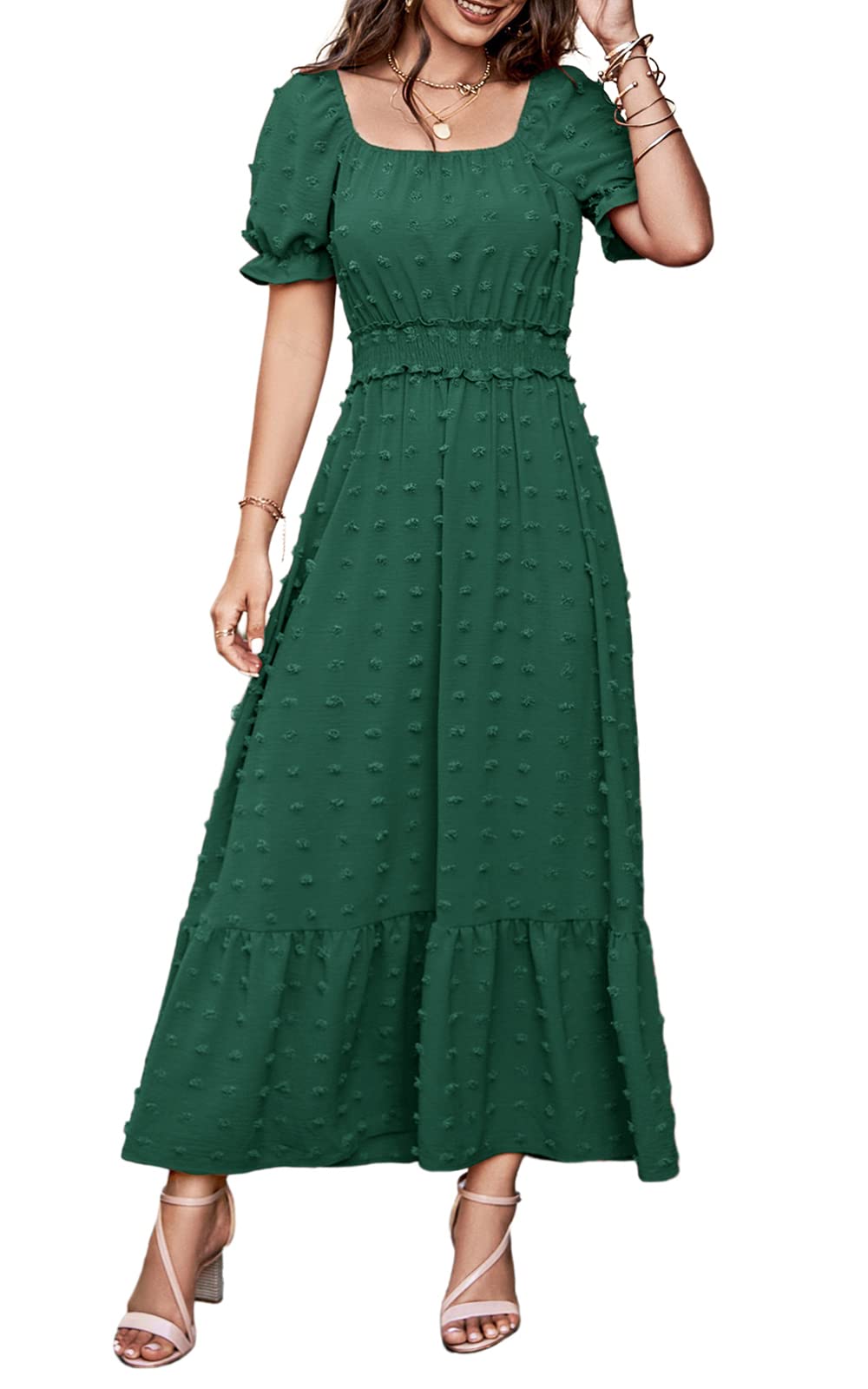 PRETTYGARDEN Womens Boho 2024 Puff Short Sleeve Square Neck Swiss Dot Maxi Dress Smocked Waist Ruffle Hem Tiered Long Dresses