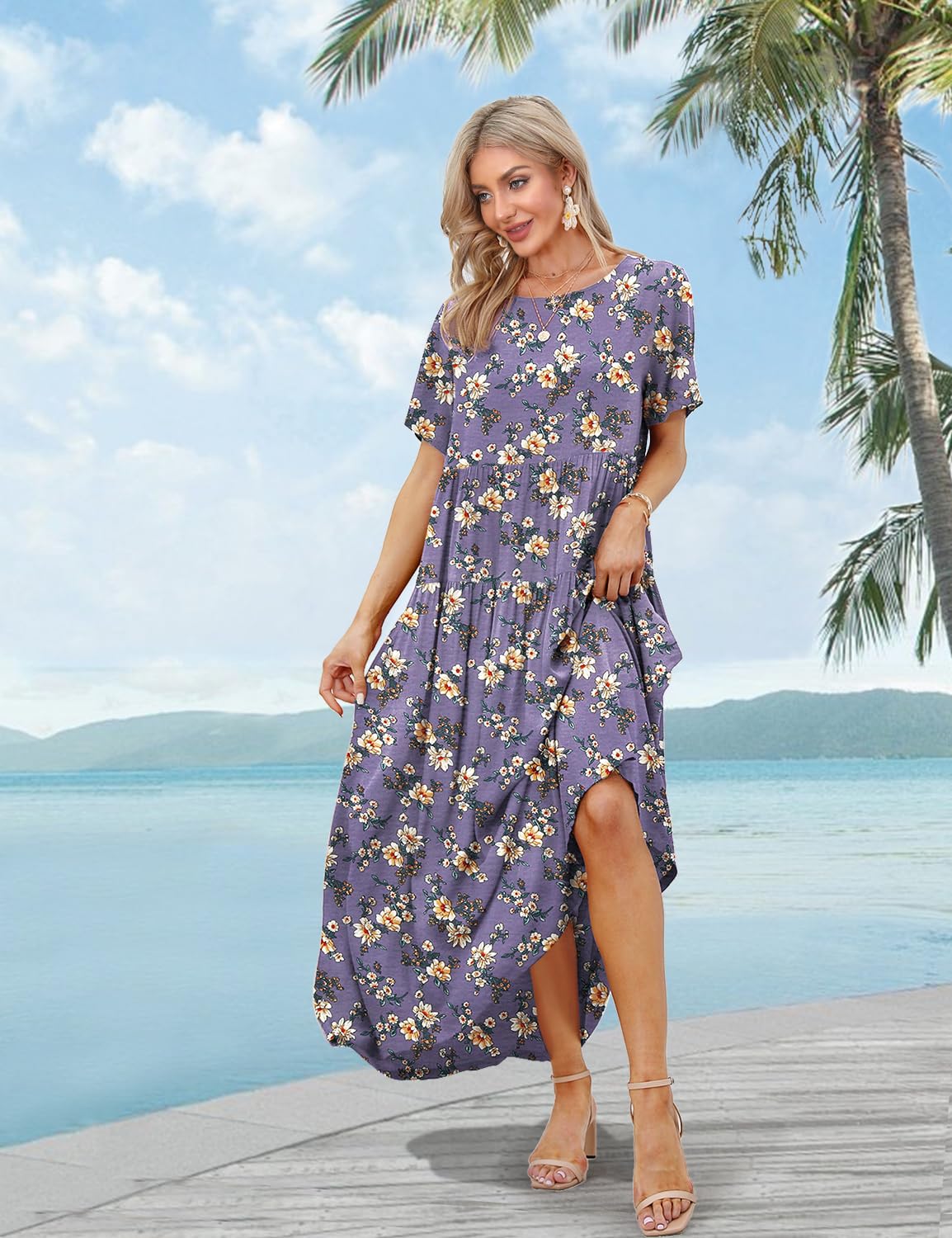 YESNO Women Casual Loose Bohemian Floral Dress with Pockets Short Sleeve Long Maxi Summer Beach Swing Dress EJF