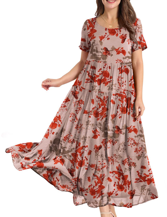 YESNO Women Casual Loose Bohemian Floral Dress with Pockets Short Sleeve Long Maxi Summer Beach Swing Dress EJF