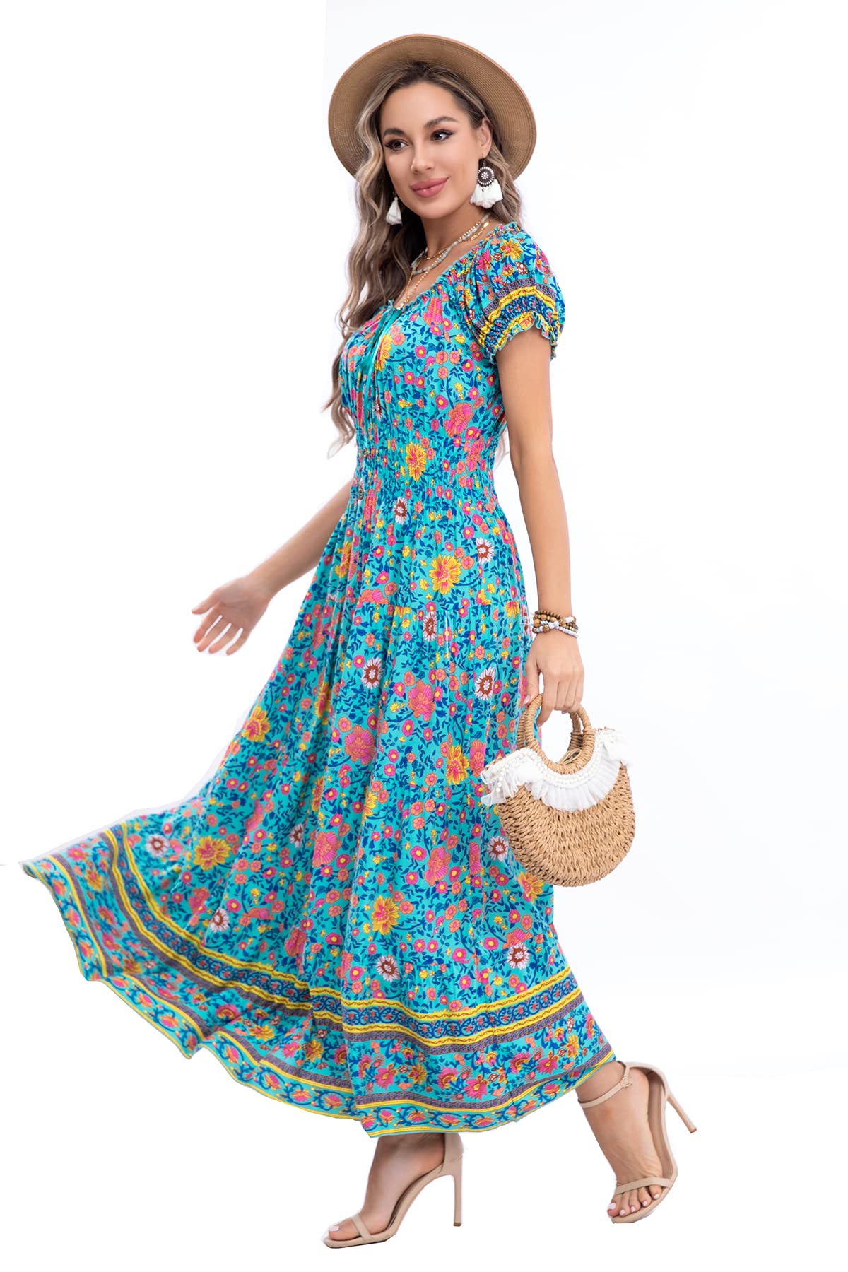 OSTOO Women's 2024 Summer Short Sleeves Boho Floral Print Tiered Casual Flowy Long Maxi Dress