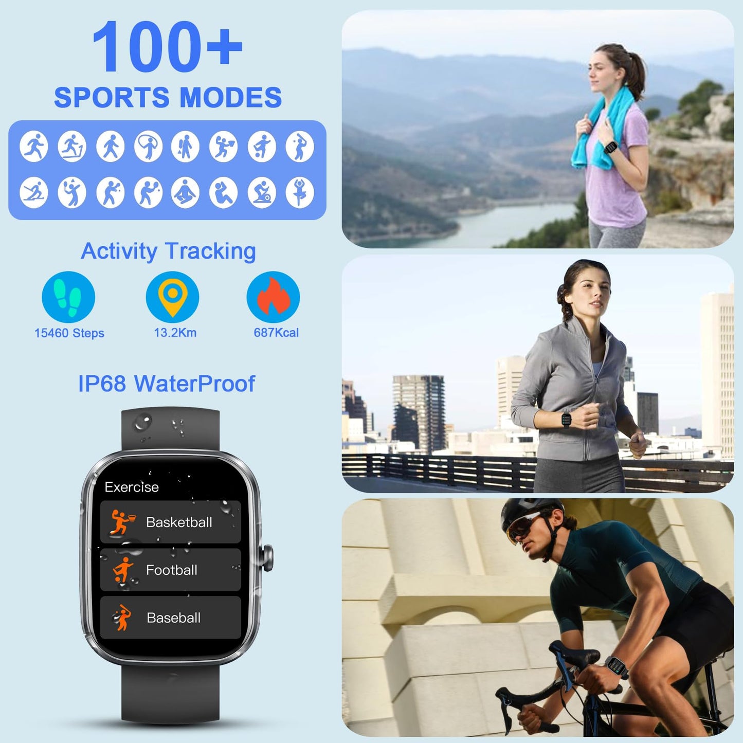 Smart Watch, 1.91"Smartwatch for Men Women (Answer/Make Call), Fitness Tracker with 100+ Sport Modes, IP68 Waterproof, Heart Rate/Sleep Monitor, Spo2, Pedometer, Activity Tracker for Android iOS