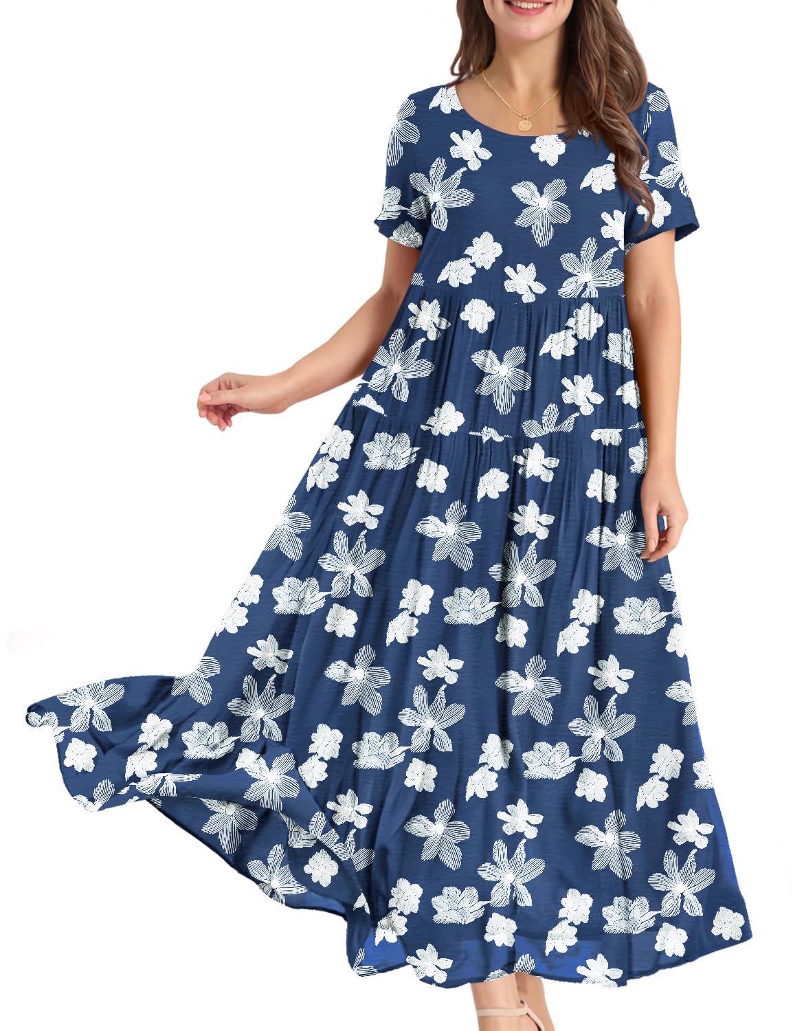 YESNO Women Casual Loose Bohemian Floral Dress with Pockets Short Sleeve Long Maxi Summer Beach Swing Dress EJF