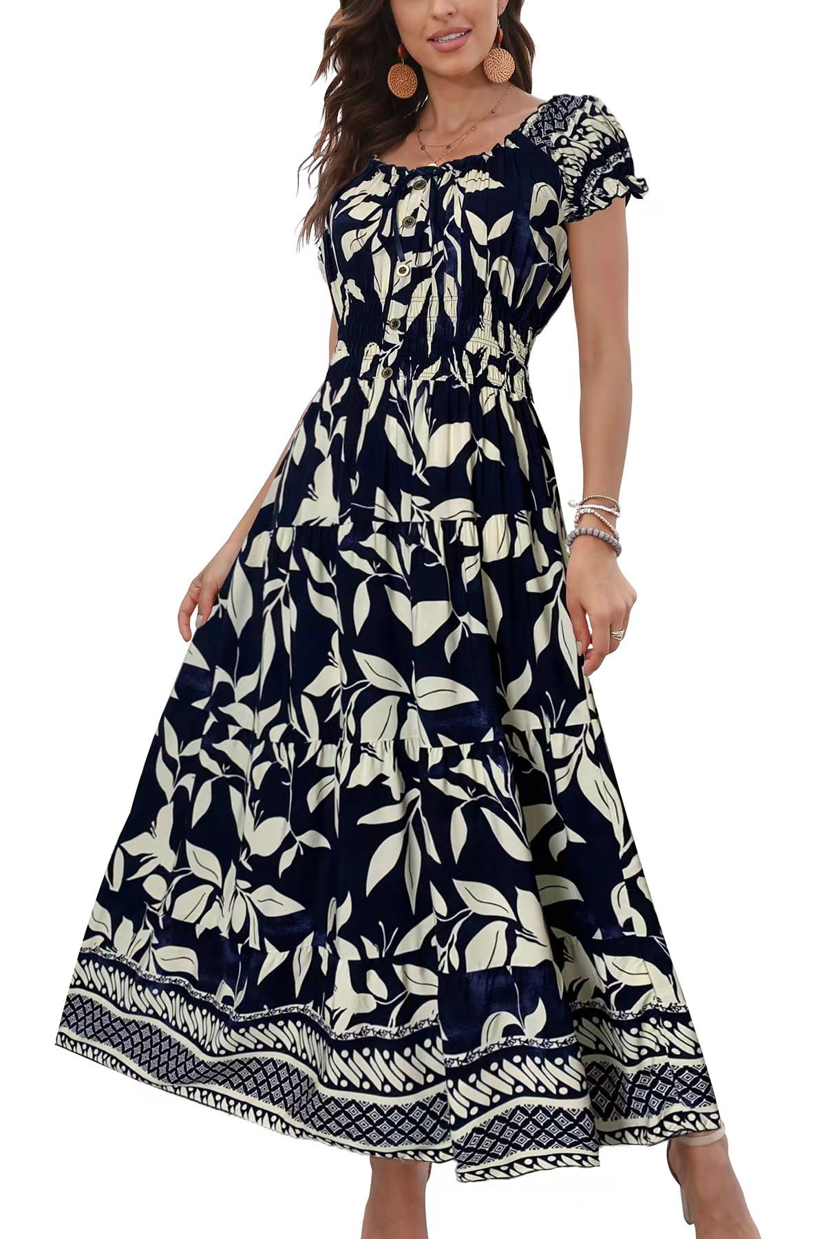 OSTOO Women's 2024 Summer Short Sleeves Boho Floral Print Tiered Casual Flowy Long Maxi Dress