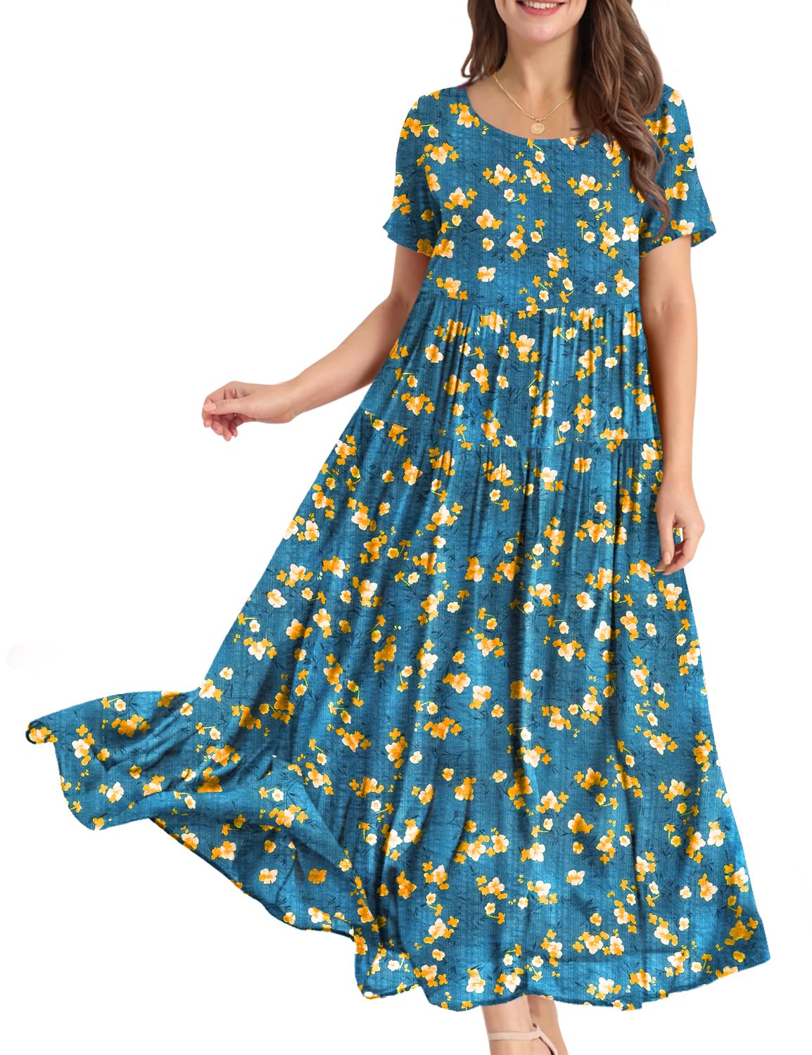 YESNO Women Casual Loose Bohemian Floral Dress with Pockets Short Sleeve Long Maxi Summer Beach Swing Dress EJF