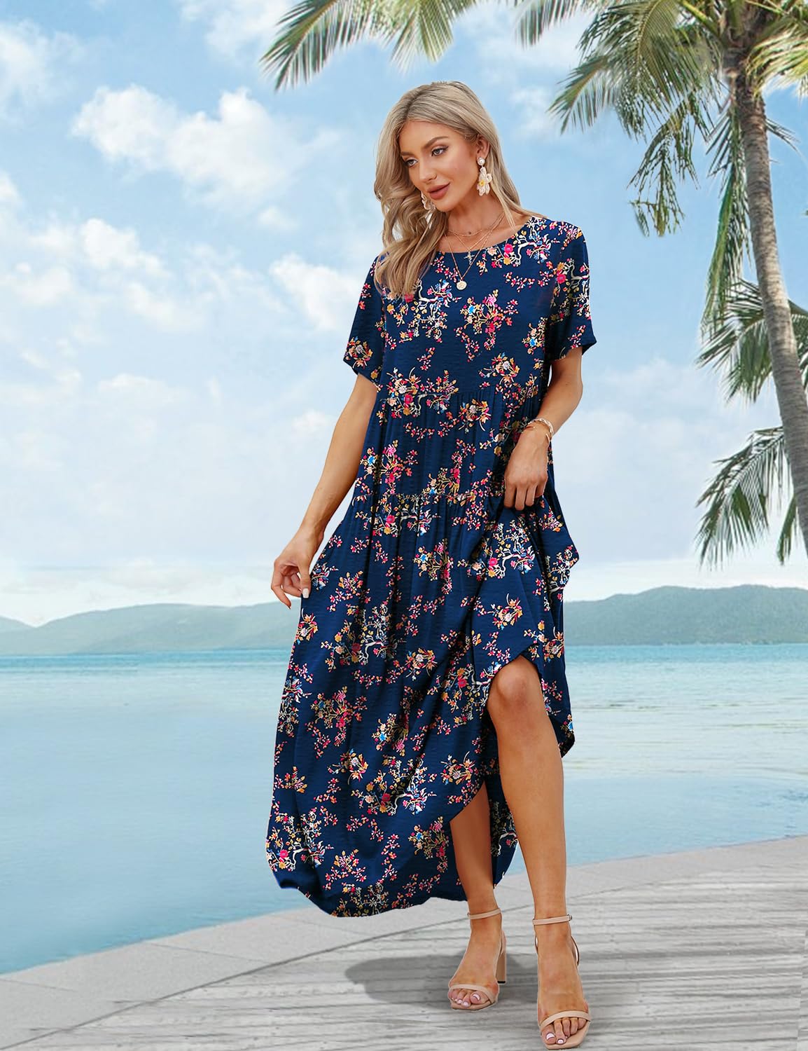 YESNO Women Casual Loose Bohemian Floral Dress with Pockets Short Sleeve Long Maxi Summer Beach Swing Dress EJF