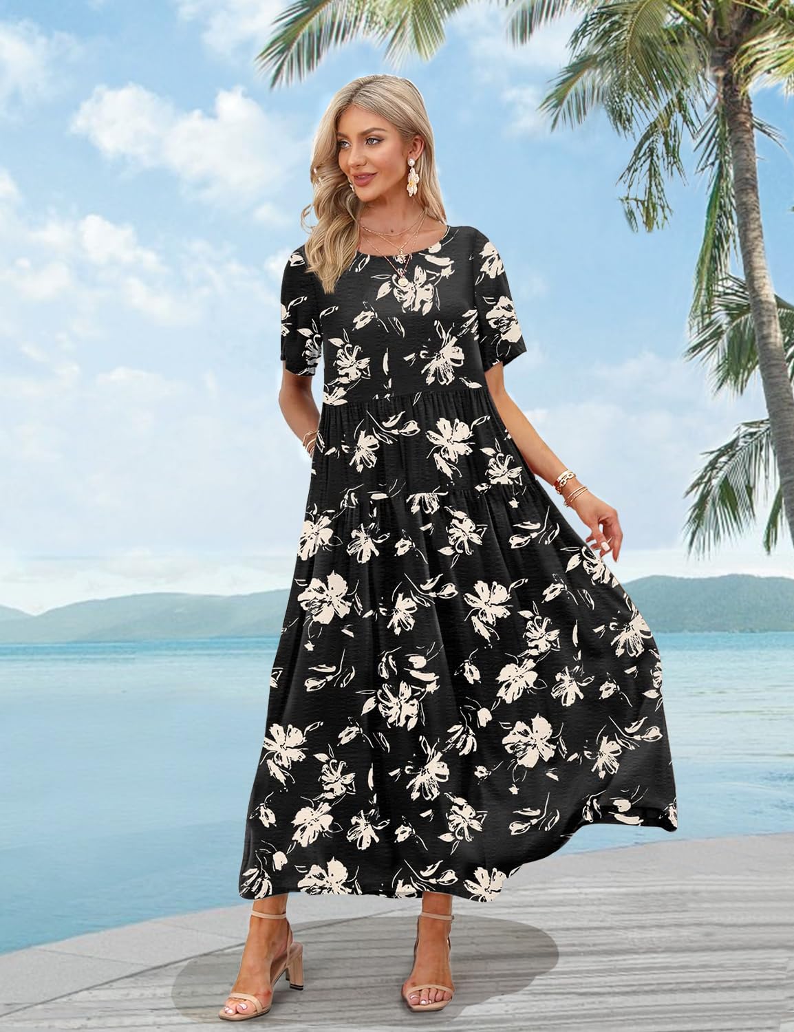 YESNO Women Casual Loose Bohemian Floral Dress with Pockets Short Sleeve Long Maxi Summer Beach Swing Dress EJF