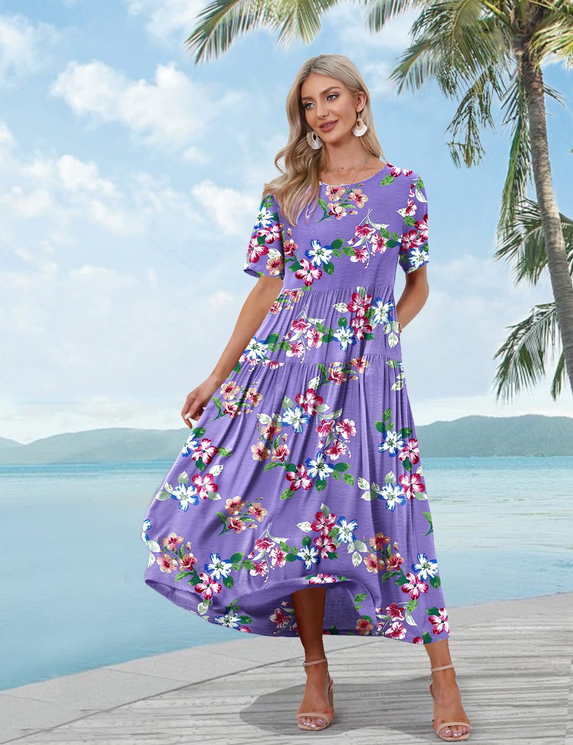 YESNO Women Casual Loose Bohemian Floral Dress with Pockets Short Sleeve Long Maxi Summer Beach Swing Dress EJF