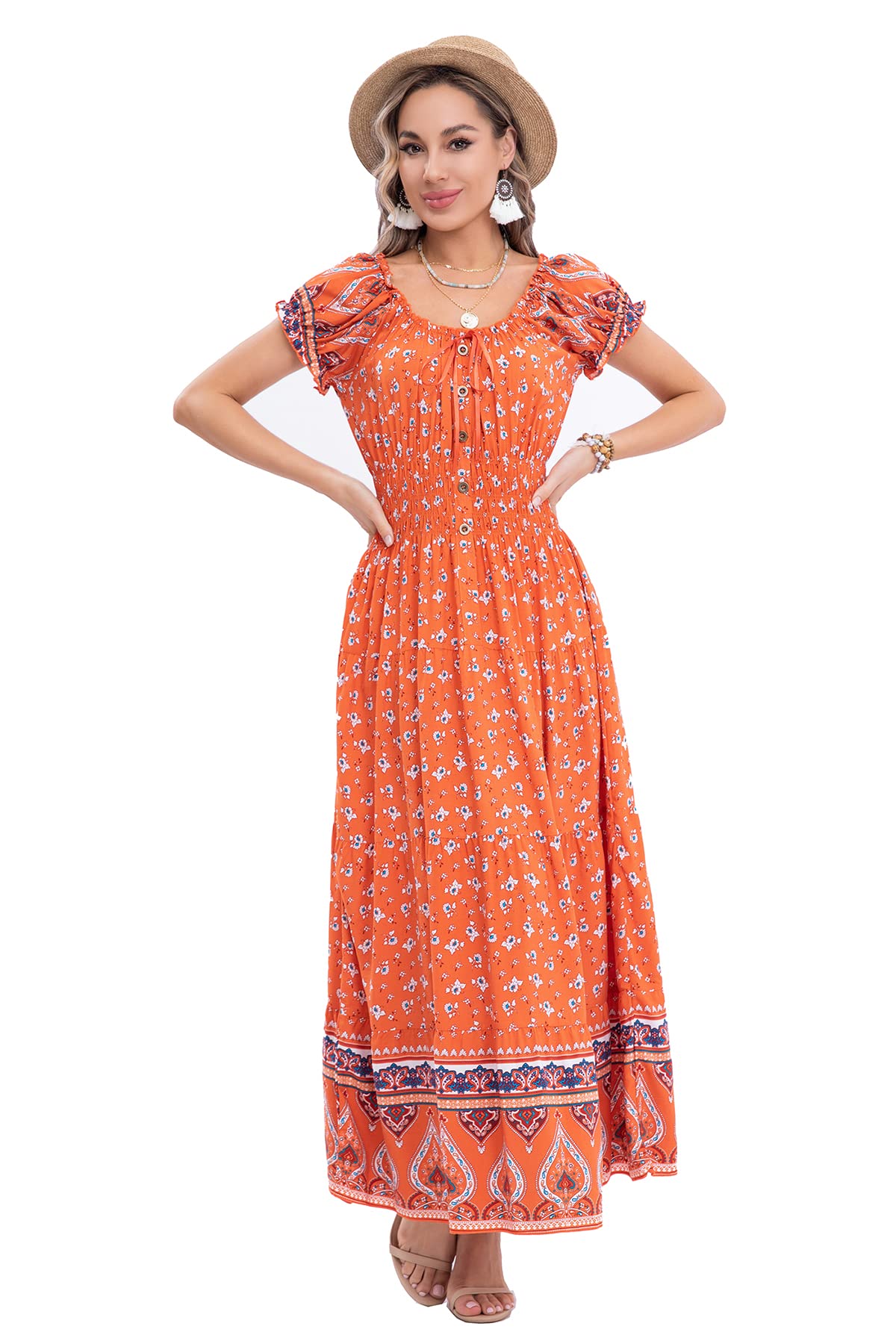 OSTOO Women's 2024 Summer Short Sleeves Boho Floral Print Tiered Casual Flowy Long Maxi Dress