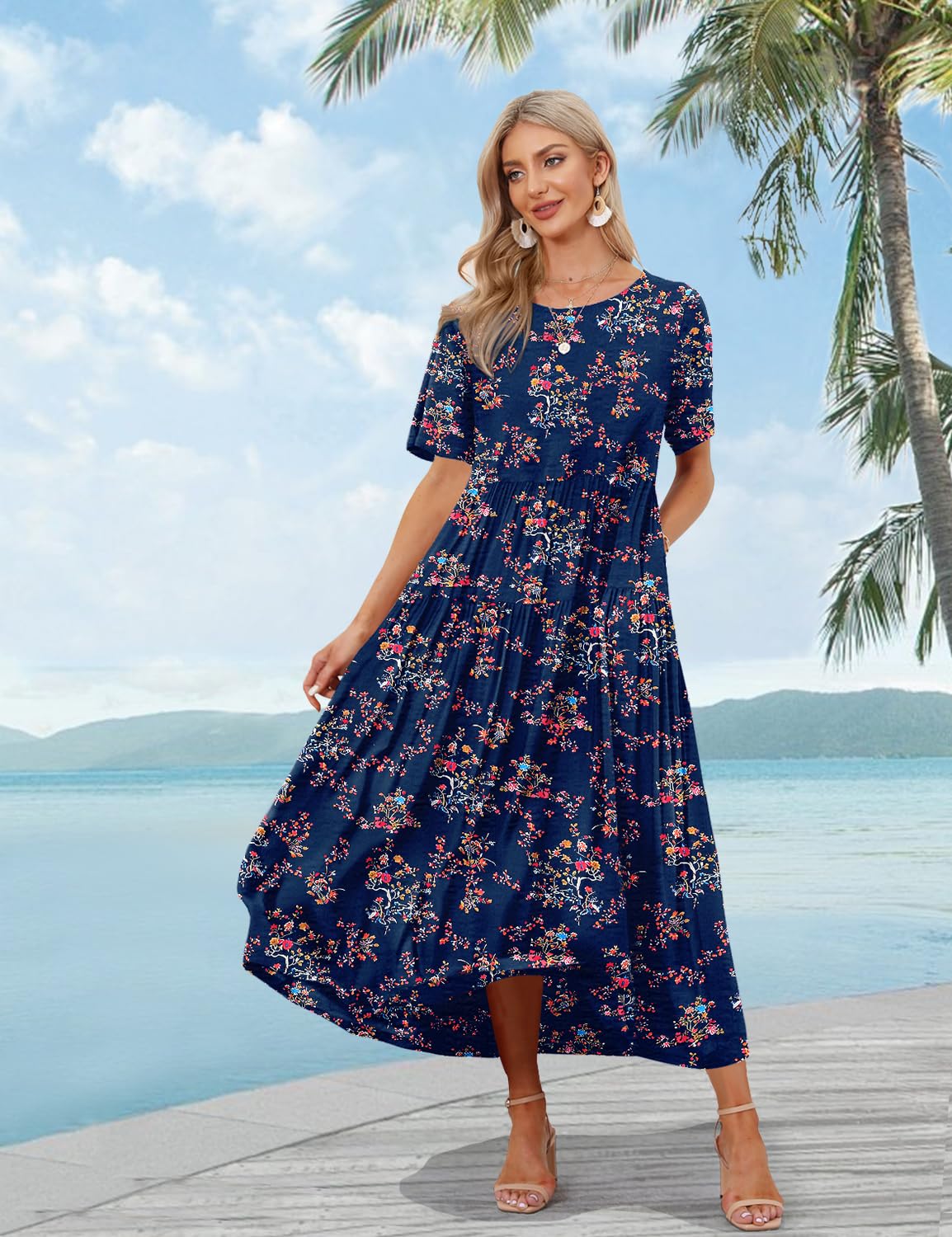 YESNO Women Casual Loose Bohemian Floral Dress with Pockets Short Sleeve Long Maxi Summer Beach Swing Dress EJF