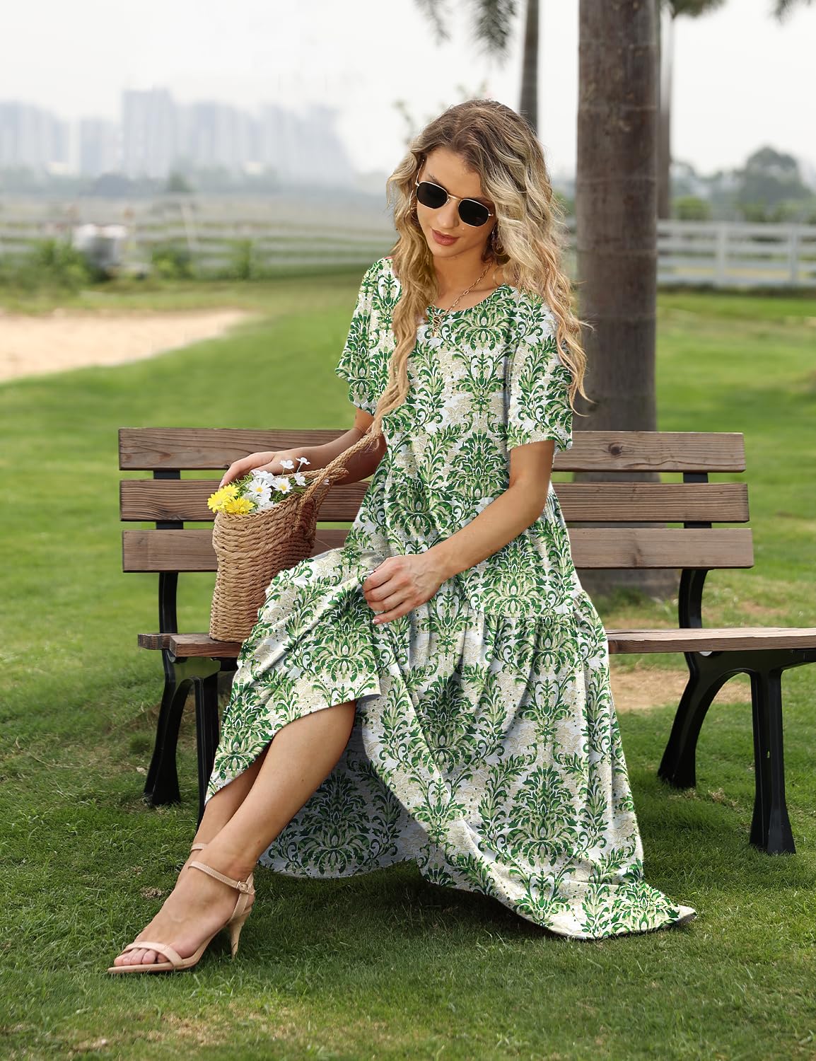 YESNO Women Casual Loose Bohemian Floral Dress with Pockets Short Sleeve Long Maxi Summer Beach Swing Dress EJF