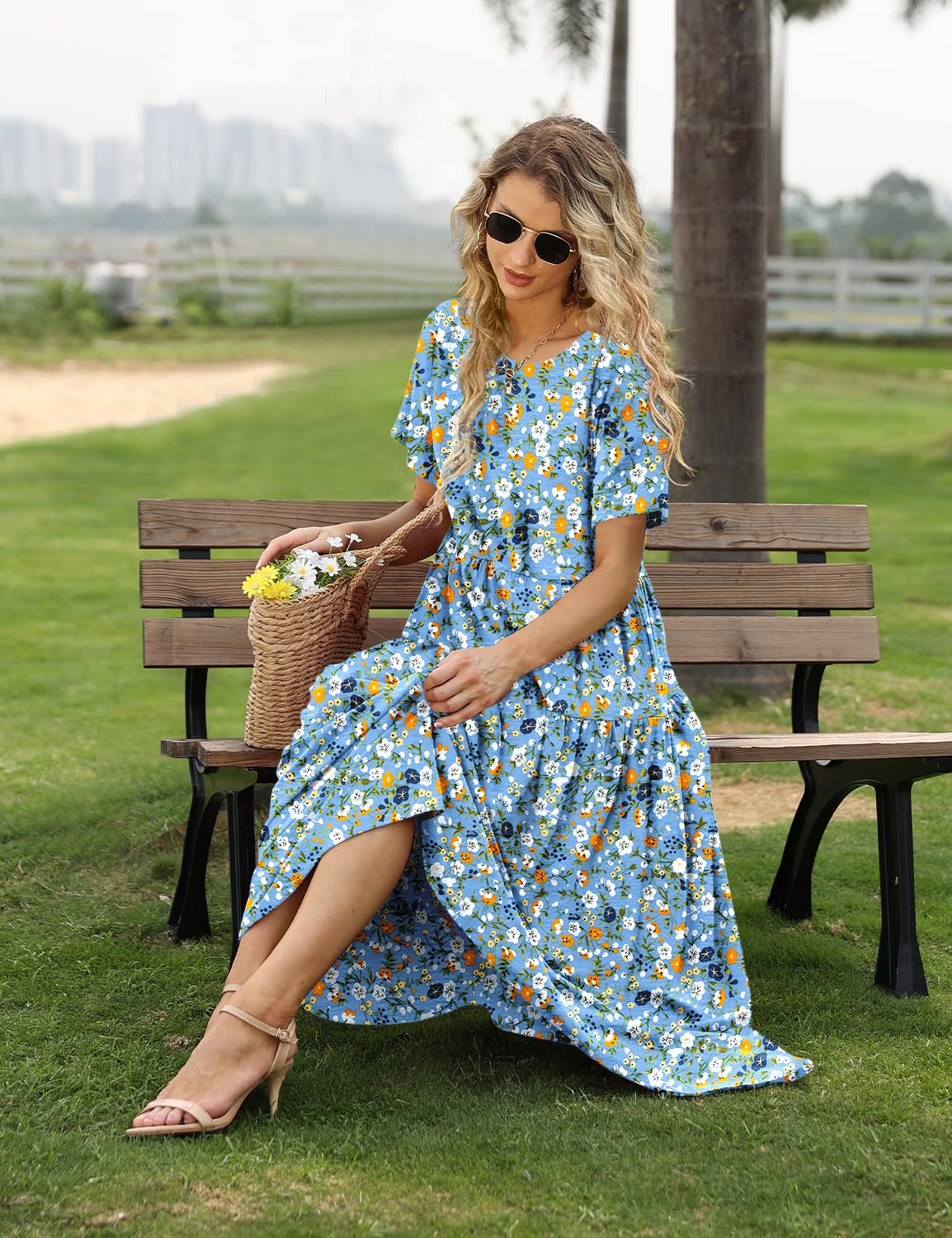 YESNO Women Casual Loose Bohemian Floral Dress with Pockets Short Sleeve Long Maxi Summer Beach Swing Dress EJF