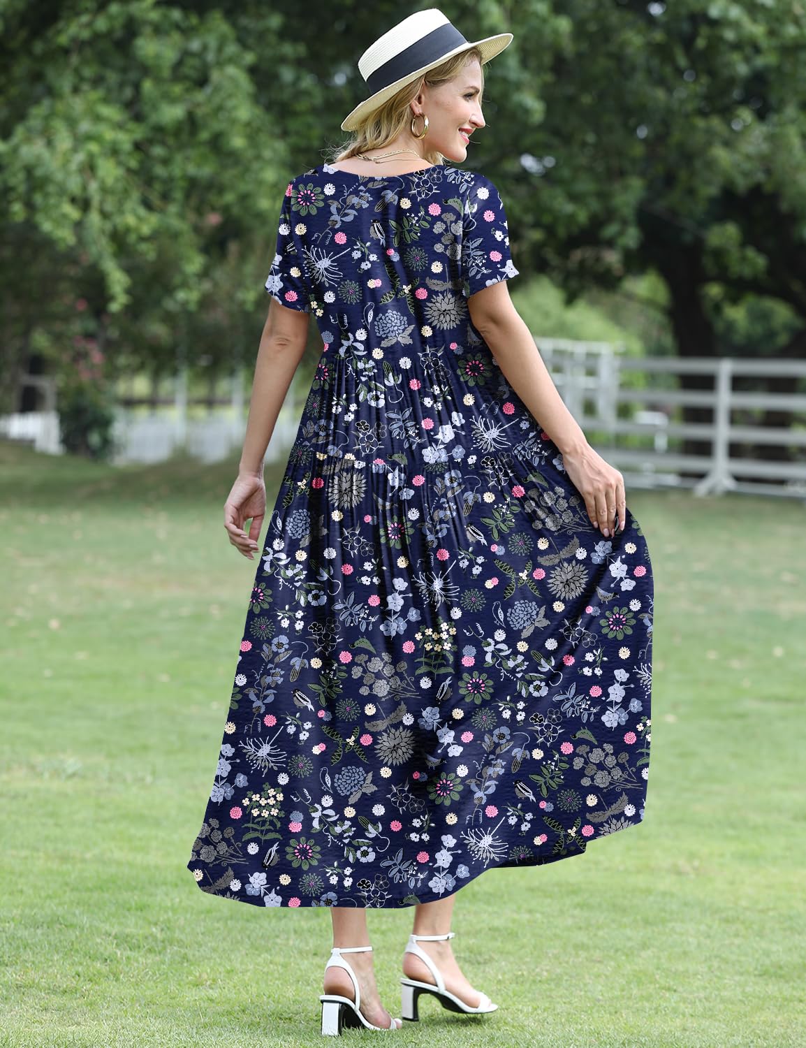 YESNO Women Casual Loose Bohemian Floral Dress with Pockets Short Sleeve Long Maxi Summer Beach Swing Dress EJF