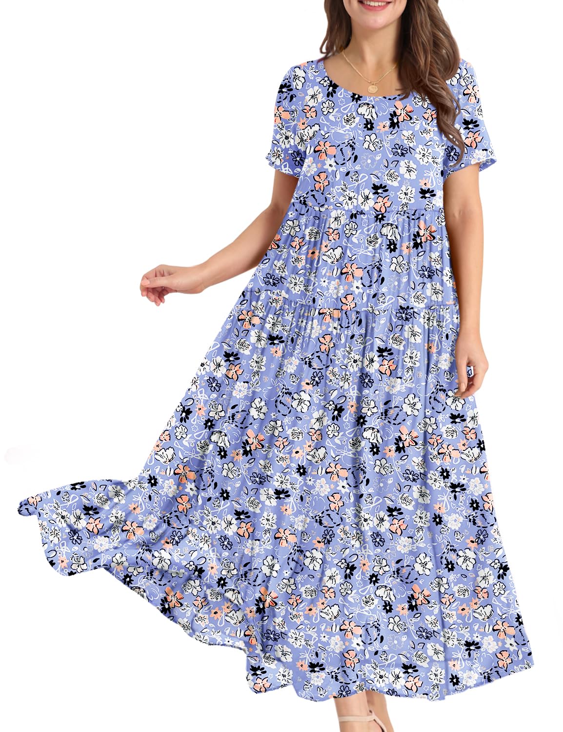 YESNO Women Casual Loose Bohemian Floral Dress with Pockets Short Sleeve Long Maxi Summer Beach Swing Dress EJF