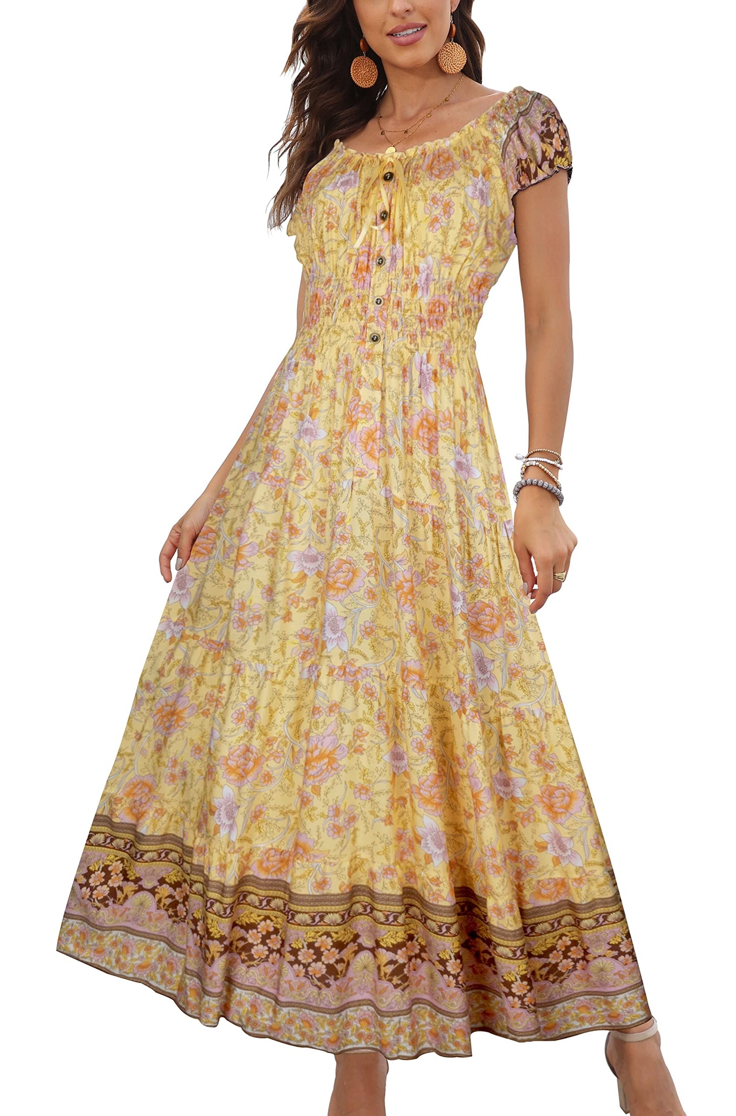 OSTOO Women's 2024 Summer Short Sleeves Boho Floral Print Tiered Casual Flowy Long Maxi Dress