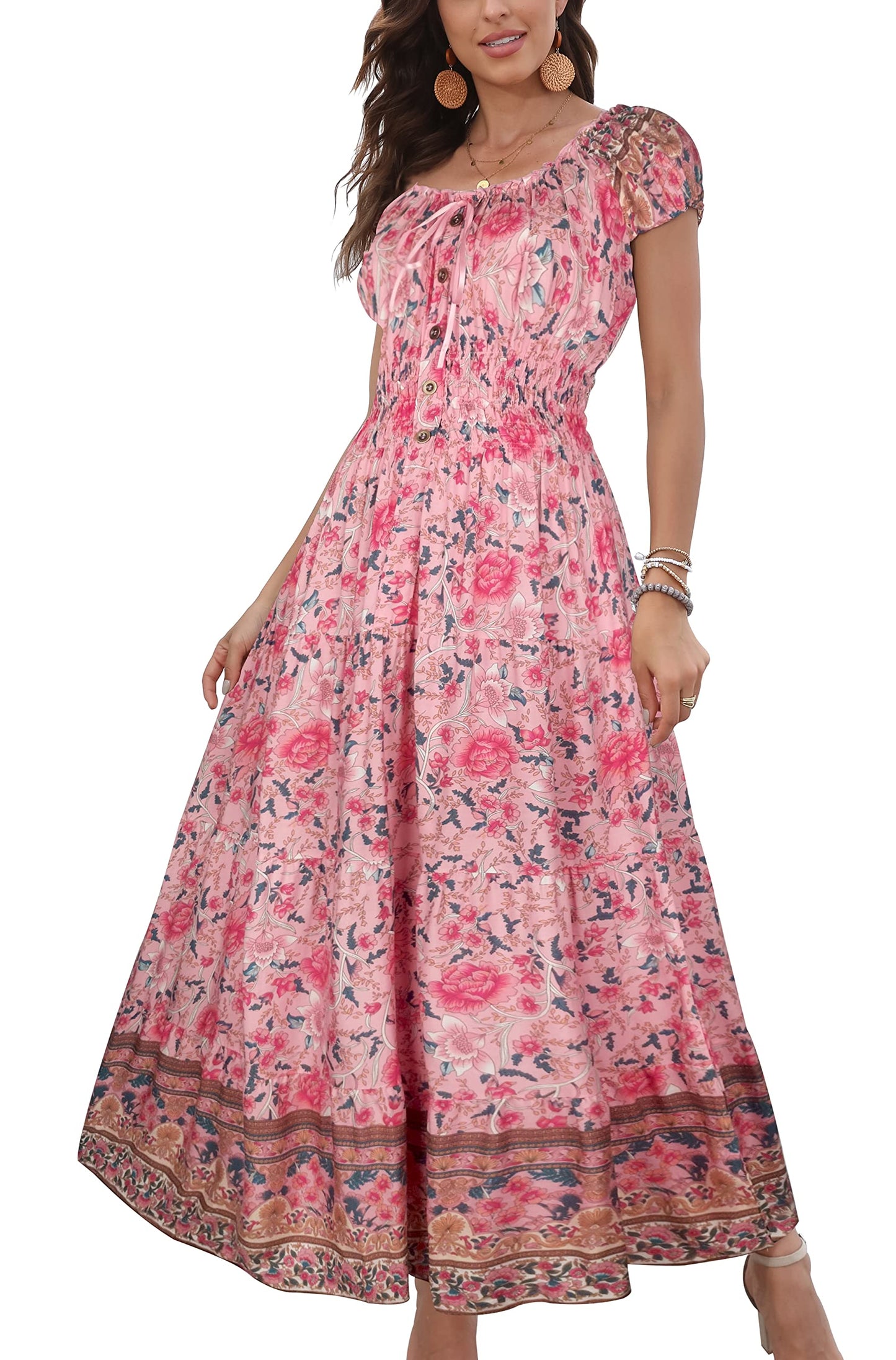 OSTOO Women's 2024 Summer Short Sleeves Boho Floral Print Tiered Casual Flowy Long Maxi Dress