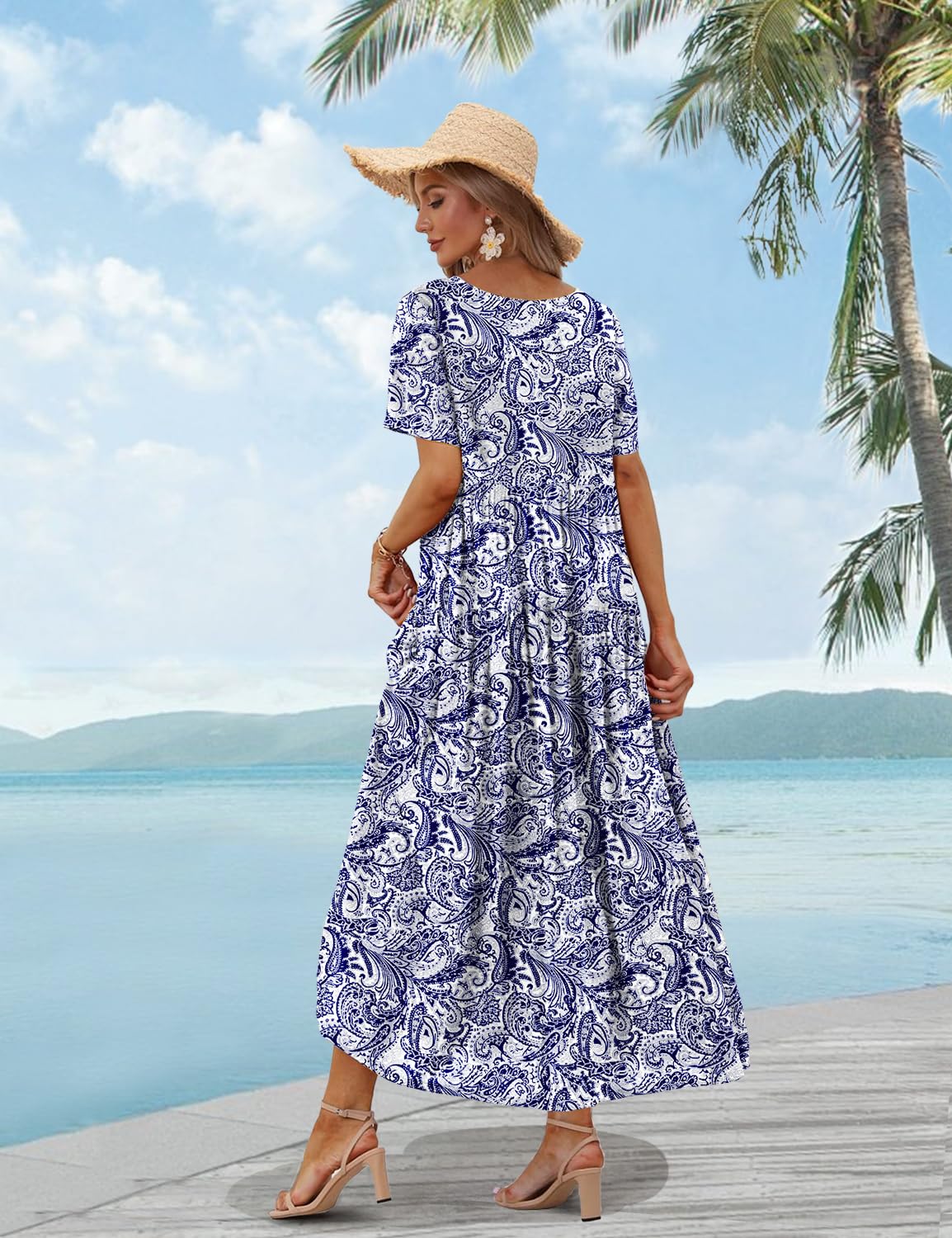 YESNO Women Casual Loose Bohemian Floral Dress with Pockets Short Sleeve Long Maxi Summer Beach Swing Dress EJF