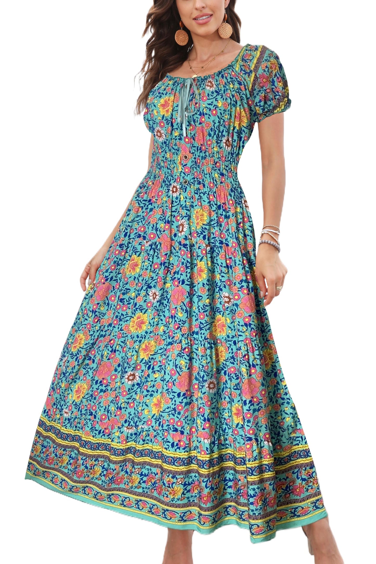 OSTOO Women's 2024 Summer Short Sleeves Boho Floral Print Tiered Casual Flowy Long Maxi Dress