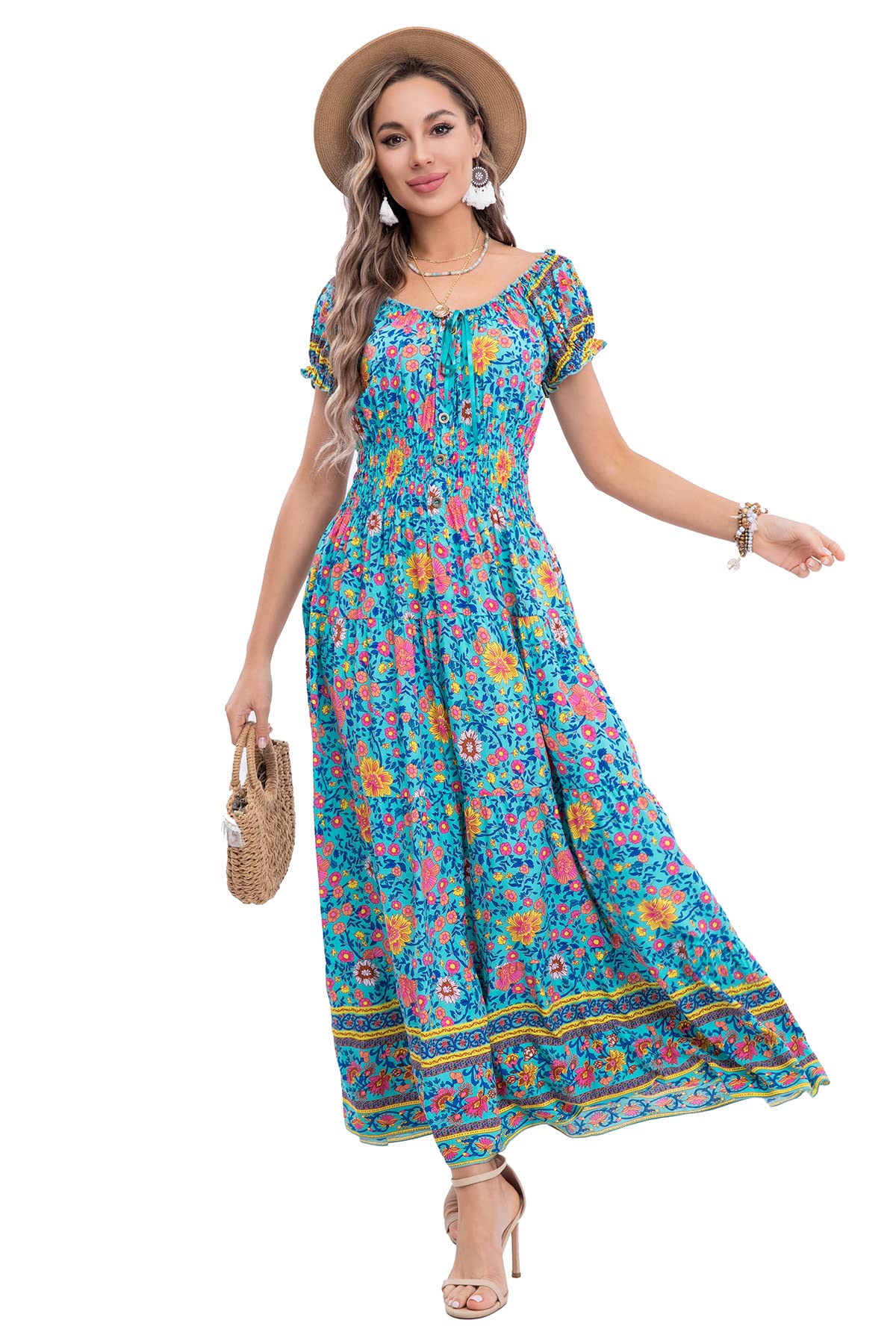 OSTOO Women's 2024 Summer Short Sleeves Boho Floral Print Tiered Casual Flowy Long Maxi Dress