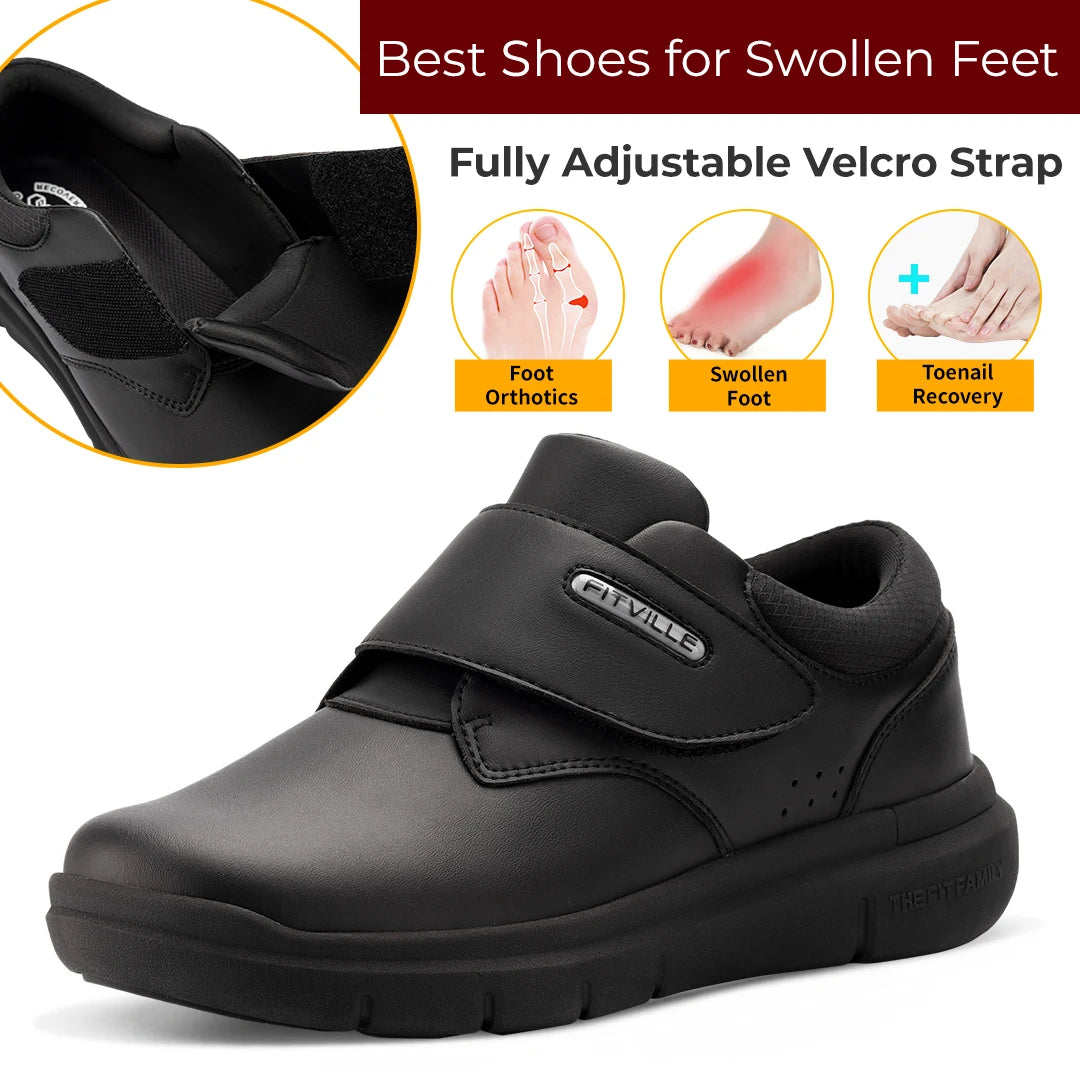 FitVille Extra Wide Men's Shoes Leather Diabetic Shoes Walking for Elder Orthopedic Toes Swollen Feet Non-Slip Arch Support