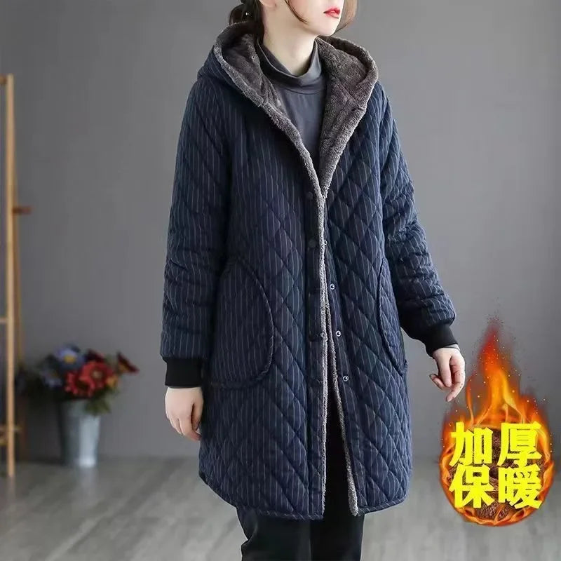 2023 Casual Winter Jackets Stripe Hooded quilted thicken Coats Women's Clothing Large Size Long Parkas Winter Cotton Coats 1987