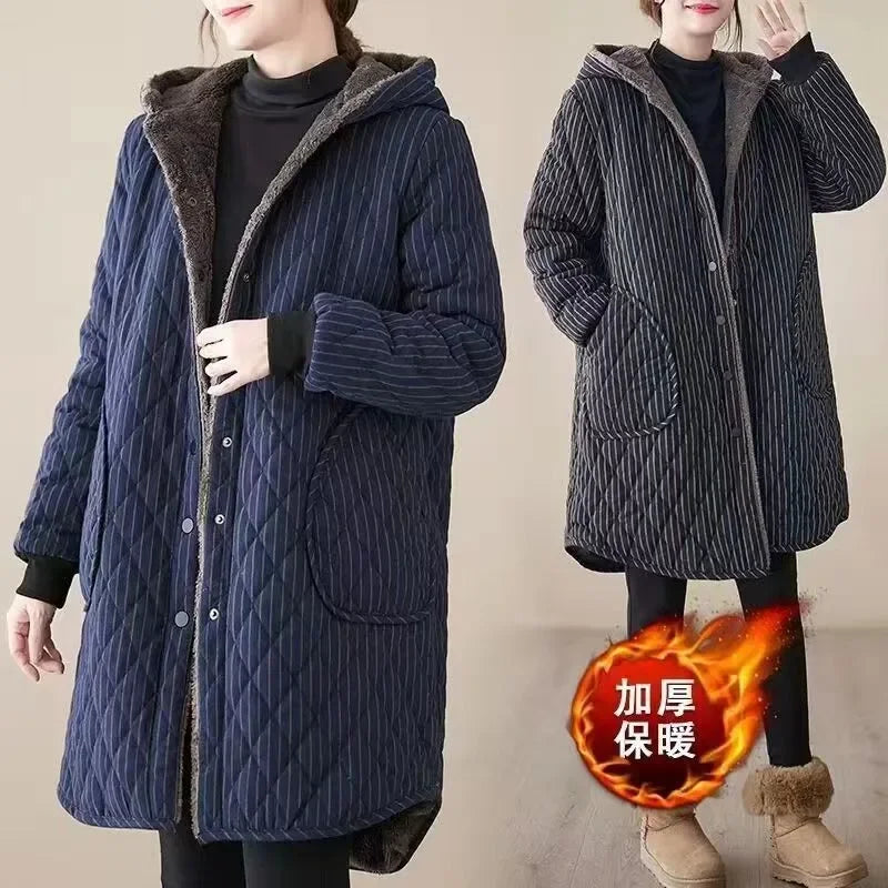 2023 Casual Winter Jackets Stripe Hooded quilted thicken Coats Women's Clothing Large Size Long Parkas Winter Cotton Coats 1987