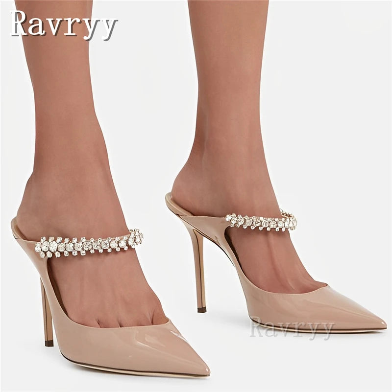 Bing Crystal High Heel Slipper Mules Women Wrap Toe Banquet Stiletto Sandals Summer Luxury Formal Party Shoes Female