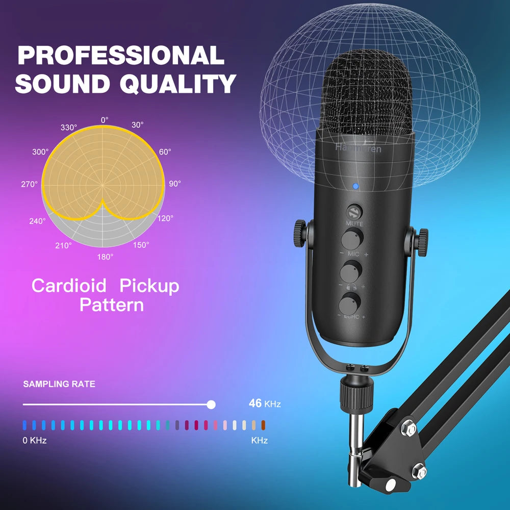 Professional USB Streaming Podcast PC Microphone Studio Cardioid Condenser Mic Kit with Boom Arm For Recording Twitch YouTube