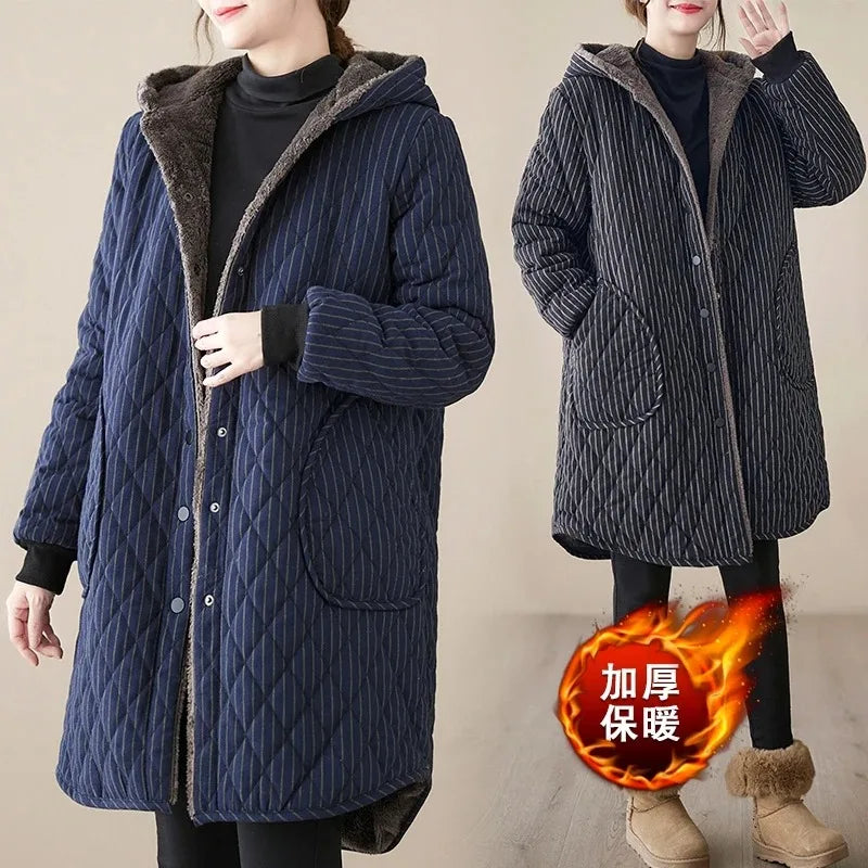 2023 Casual Winter Jackets Stripe Hooded quilted thicken Coats Women's Clothing Large Size Long Parkas Winter Cotton Coats 1987