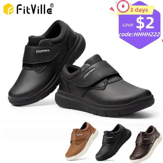 FitVille Extra Wide Men's Shoes Leather Diabetic Shoes Walking for Elder Orthopedic Toes Swollen Feet Non-Slip Arch Support